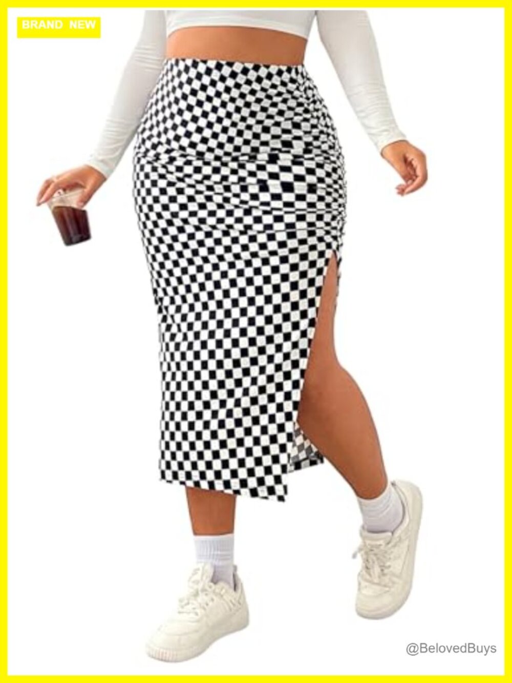 Plus Size Plaid Bodycon Midi Skirt Ruched Split High Rise